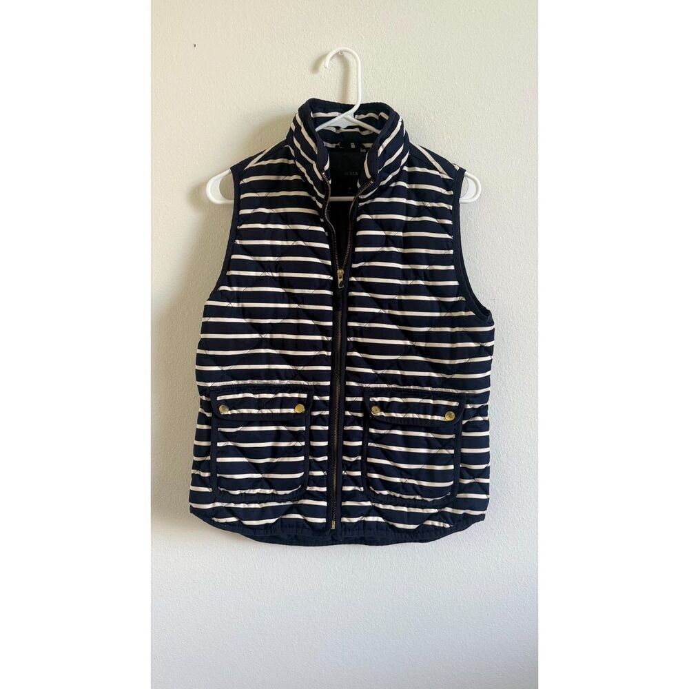 J.Crew Women’s Small Quilted Puffer Vest Navy White Stripe Gold Nautical